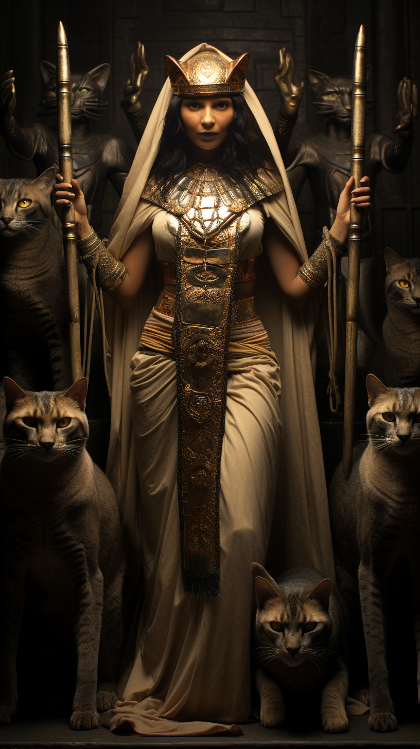 Image of Egyptian Goddess Bastet surrounded by cats