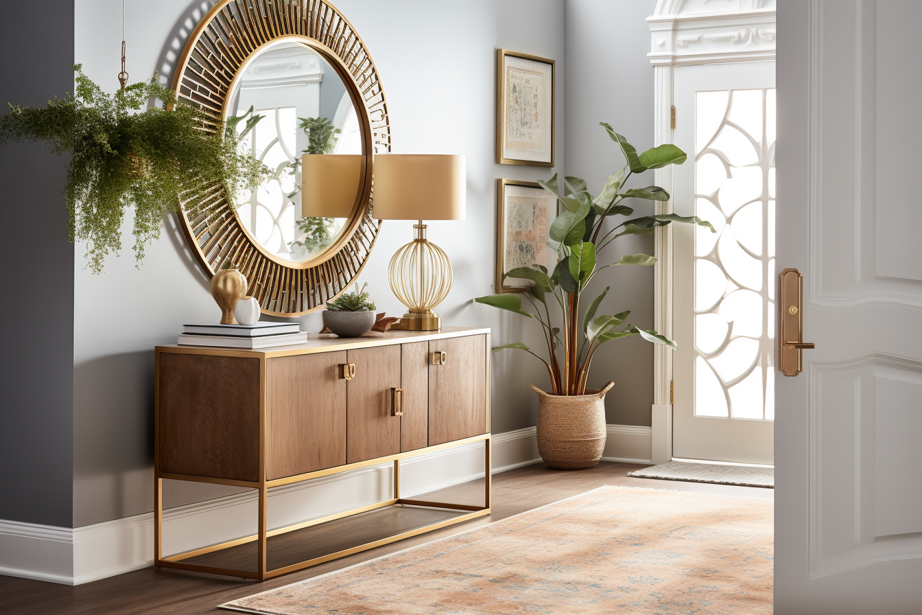 Gold-framed pond mirror above a dresser