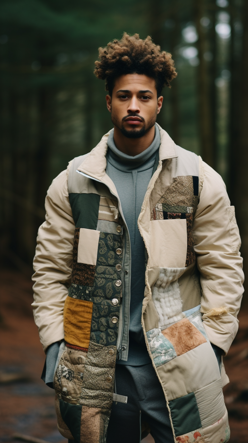 Egyptian male model wearing trendy clothes in autumn forest