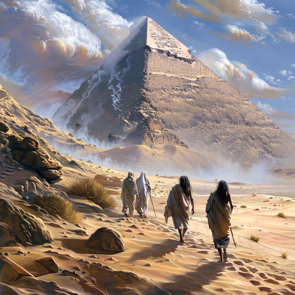 Egyptian people walking towards pyramid sand