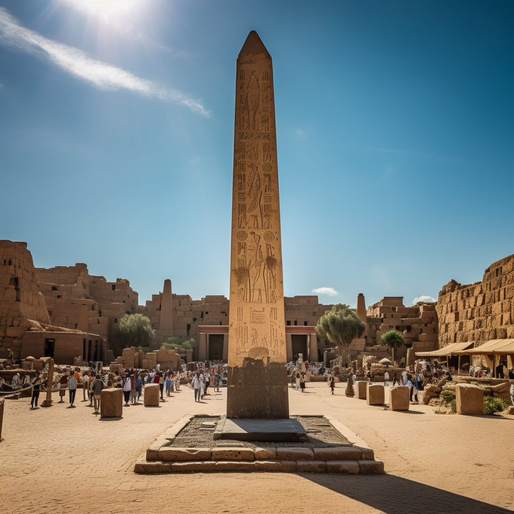 Tall black obelisk in ancient ruin town square