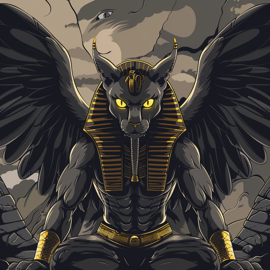 Egyptian sphinx anime statue yellow eyes