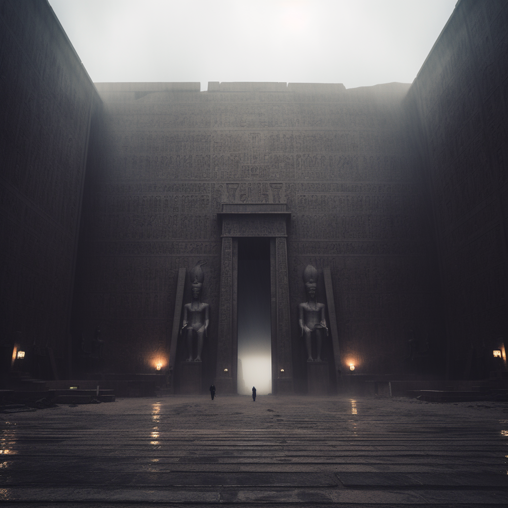 Gigantic Egyptian temple surrounded by eerie fog