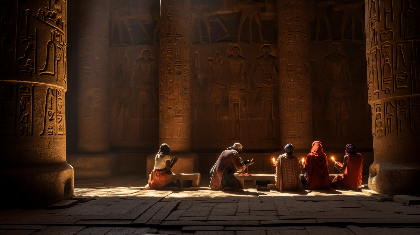 Ancient Egyptians praying at Temple of Hathor