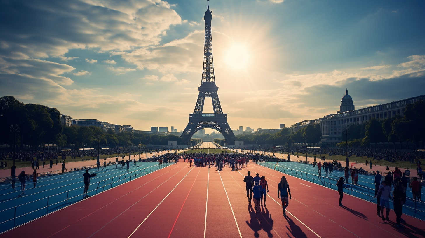 Eifeltower and Olympic Games Athletes on Stadium