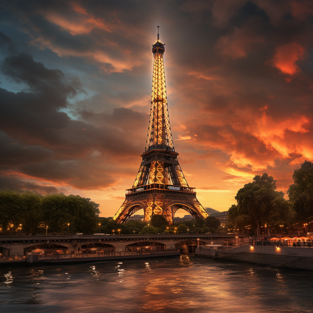 Eiffel Tower illuminated at sunset