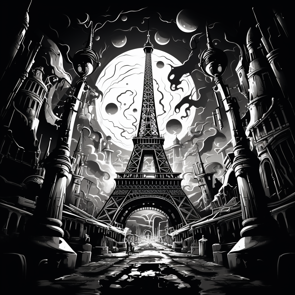 Eiffel Tower retro-futuristic black and white drawing