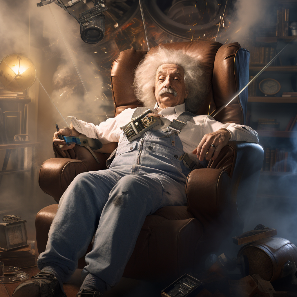 Albert Einstein in Jetpack-Powered Recliner