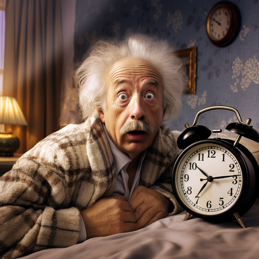 Einstein waking up to an alarm clock