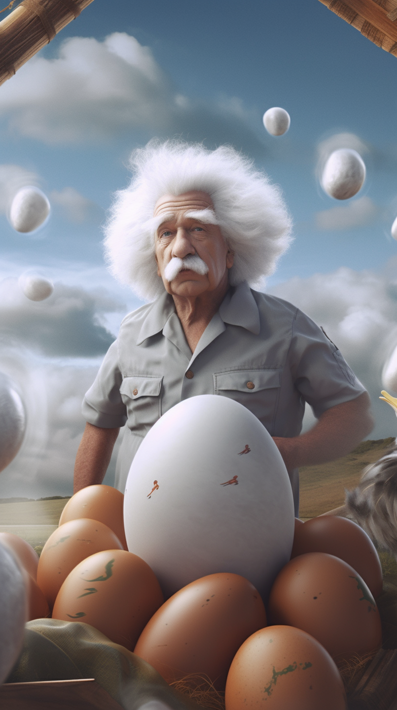 Hyper-realistic Einstein revealing the chicken or egg secret