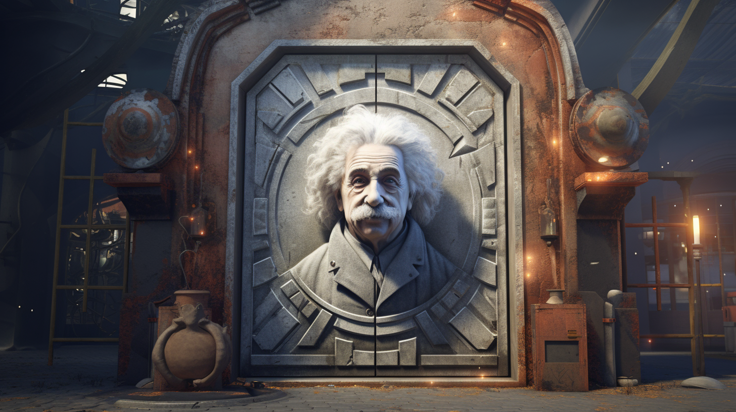 Albert Einstein standing next to a door, pointing towards the future