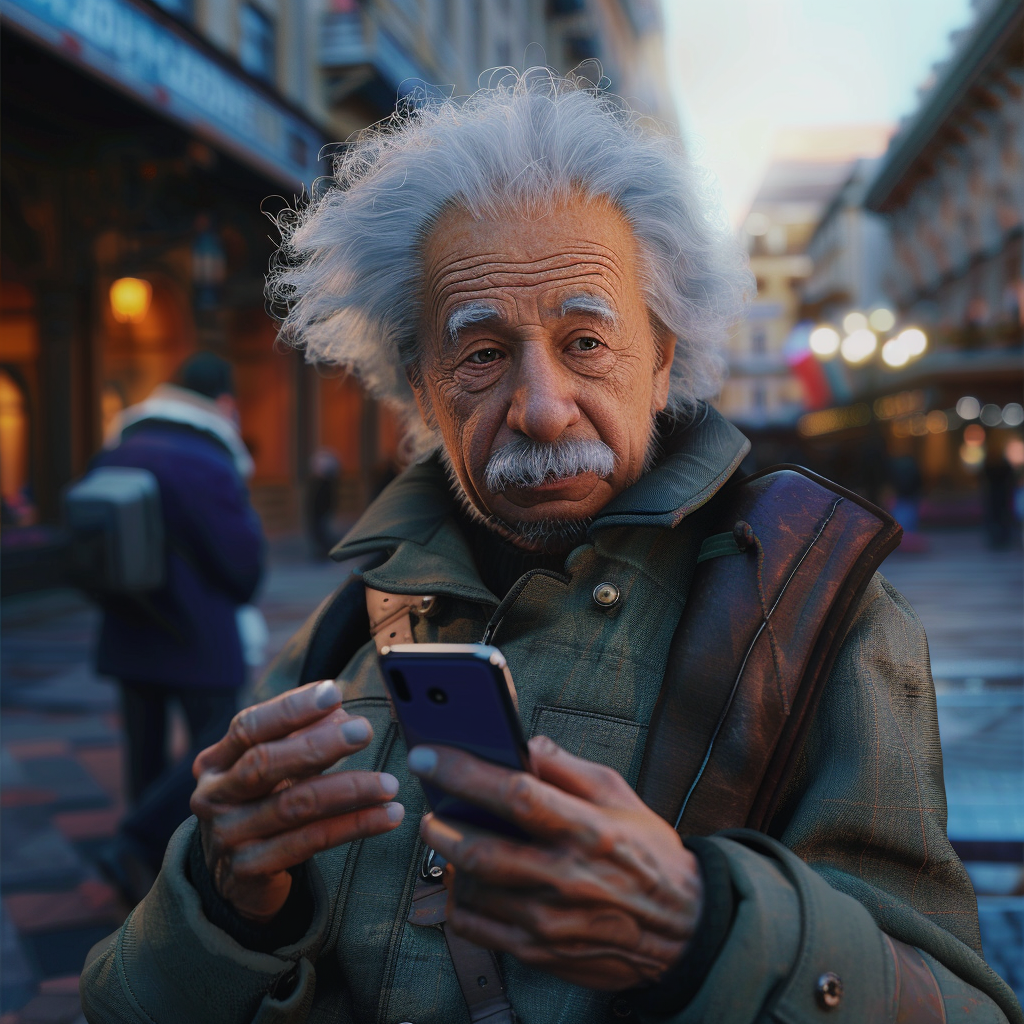 Einstein reading news on smartphone