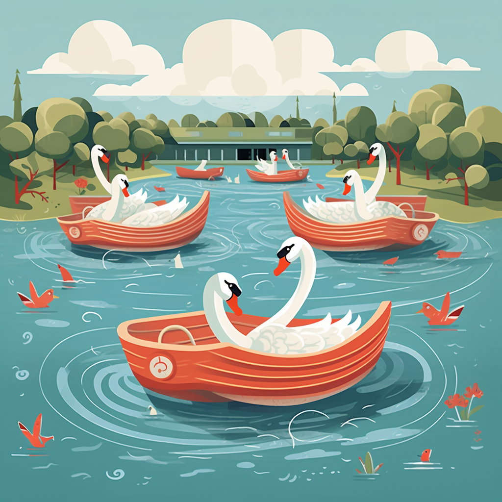 Illustration of swan-shaped paddle boats on El Estero Lake