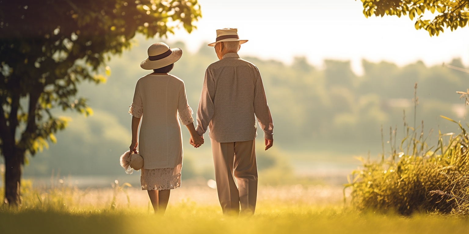 Elderly Asian couple walking in the sun