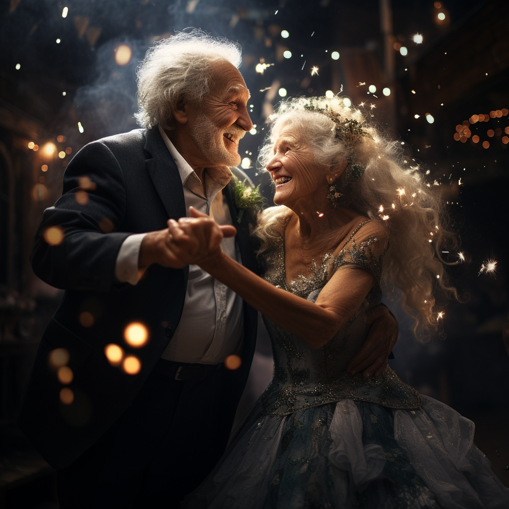 Elderly couple dancing under moonlight with magical creatures