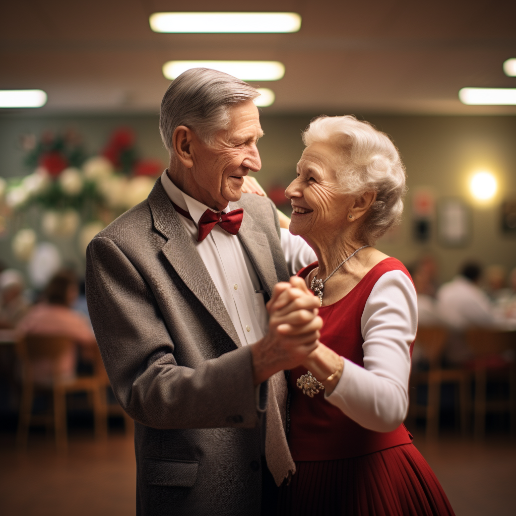 Elderly couple dancing at spring-themed dance