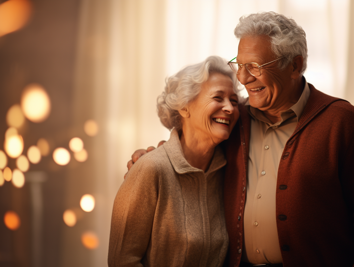 Happy elderly couple laughing and embracing