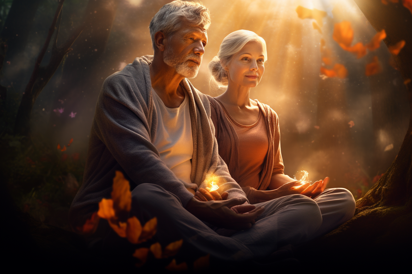 Elderly couple practicing mindful meditation