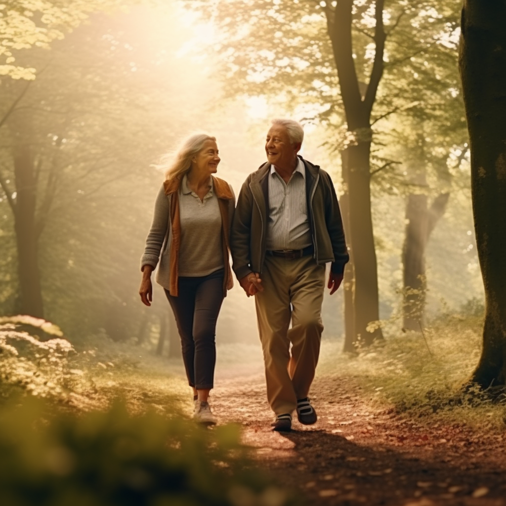 Elderly couple walks in wooded area