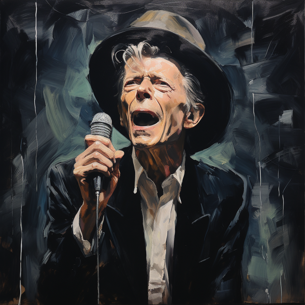 Vibrant image of elderly David Bowie singing