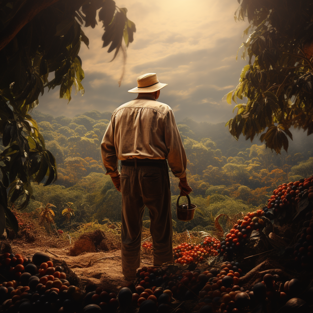 Elderly farmer observes coffee harvest