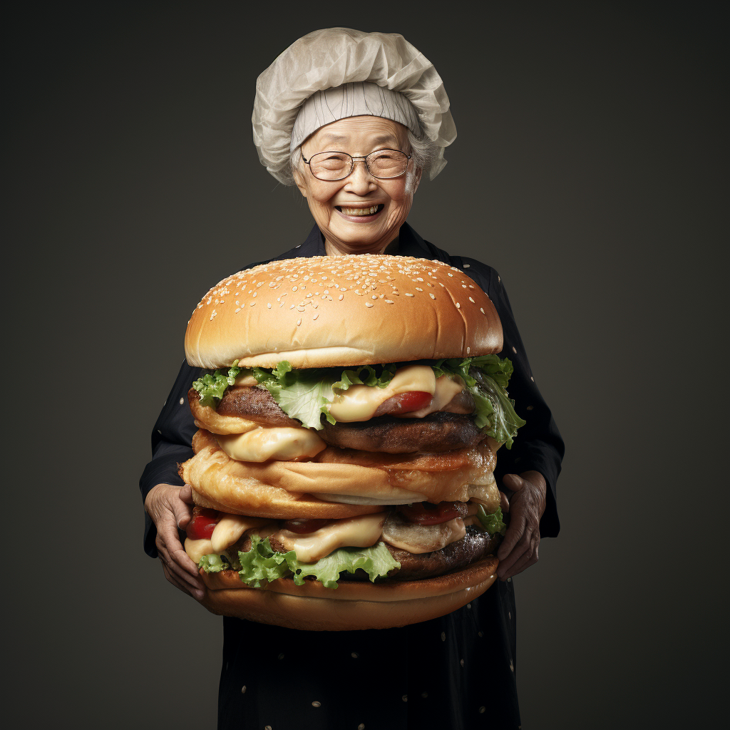 Elderly Japanese woman with hamburger head smiling