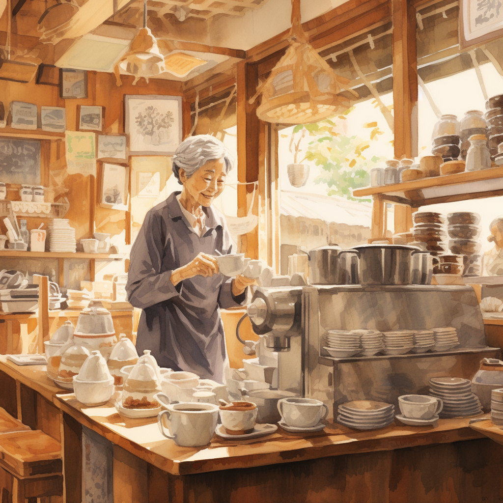 Elderly Japanese woman ordering coffee at café