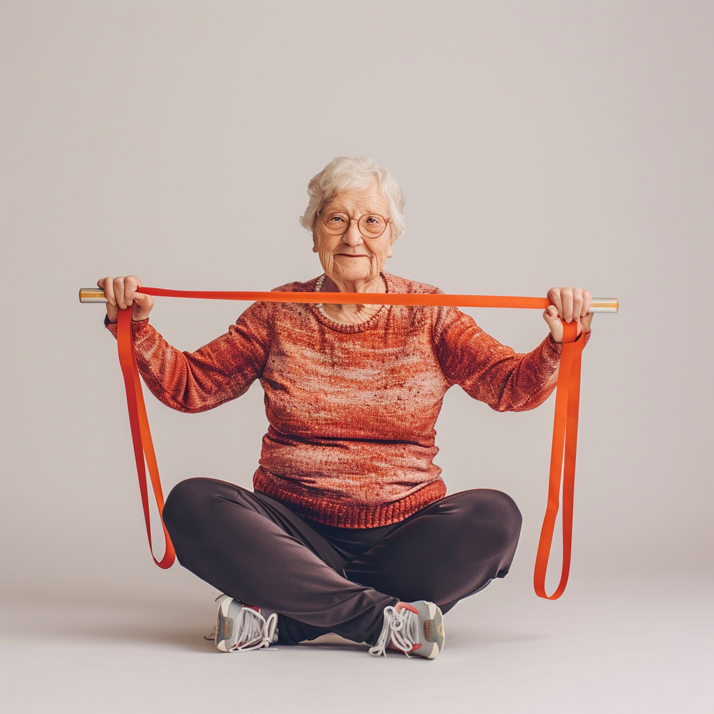 Elderly lady exercising with exercise bands on plain background