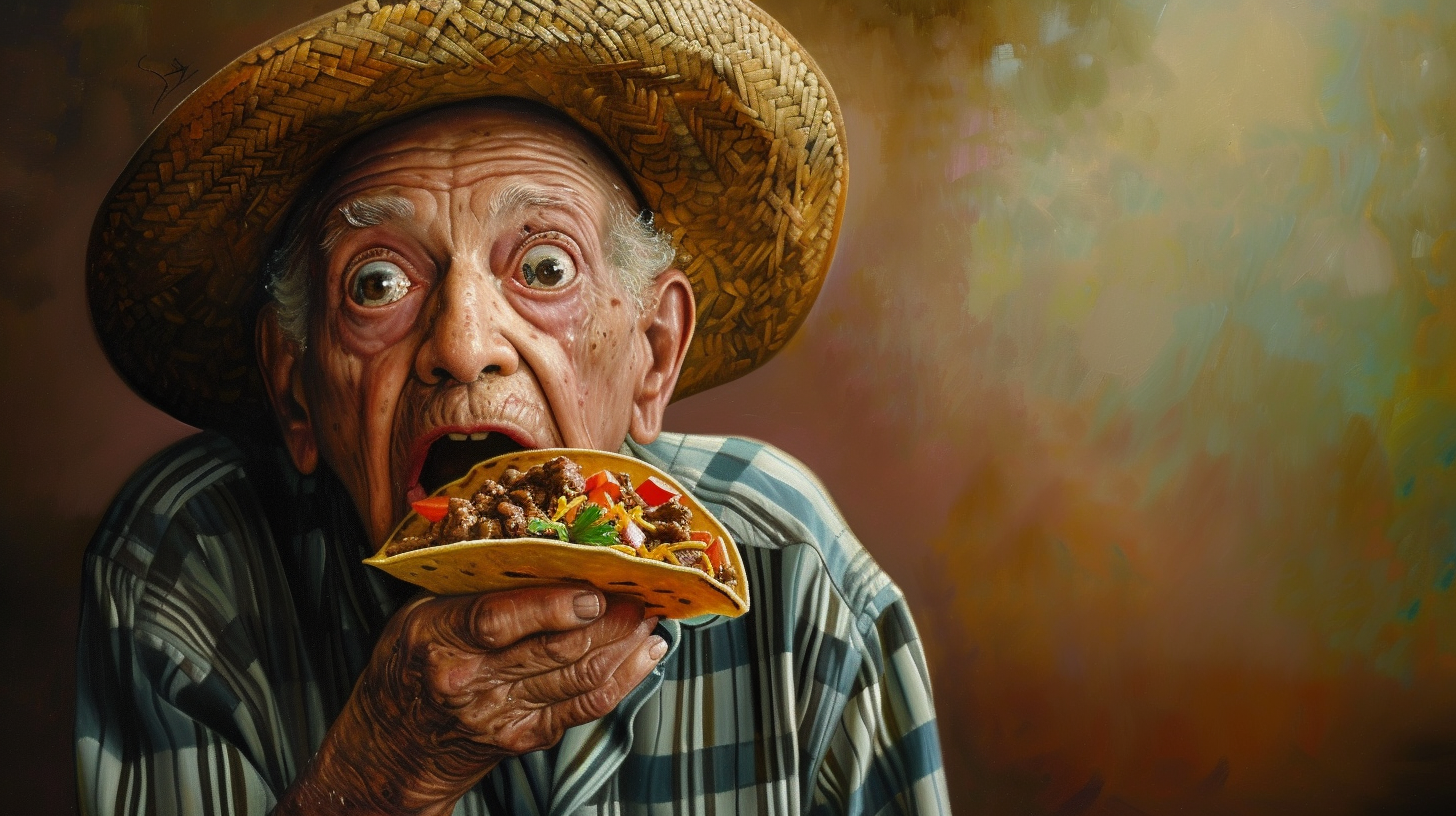 Elderly man eating beef taco with shocked expression