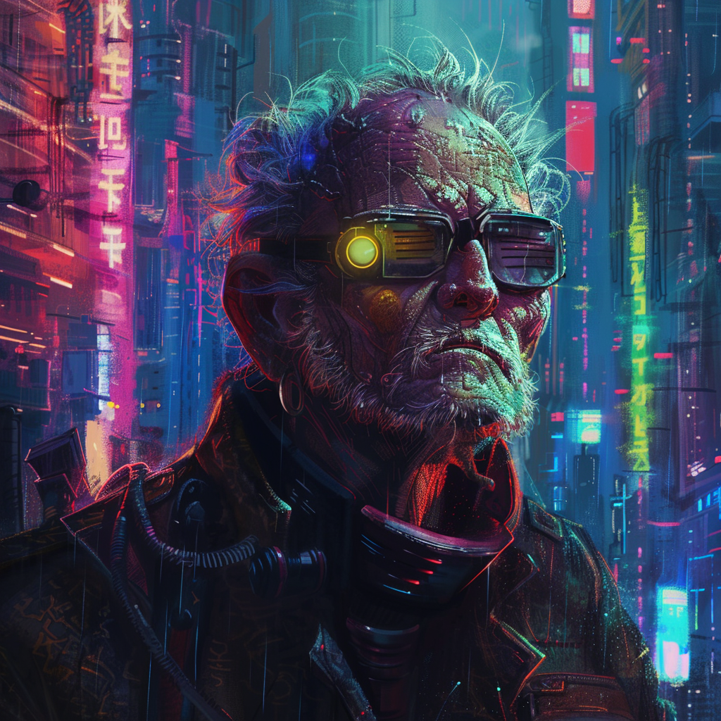 Elderly Man in Cyberpunk Universe