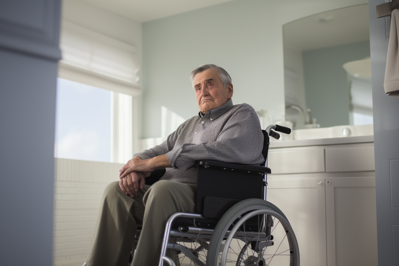 Elderly man in wheelchair in clean bathroom