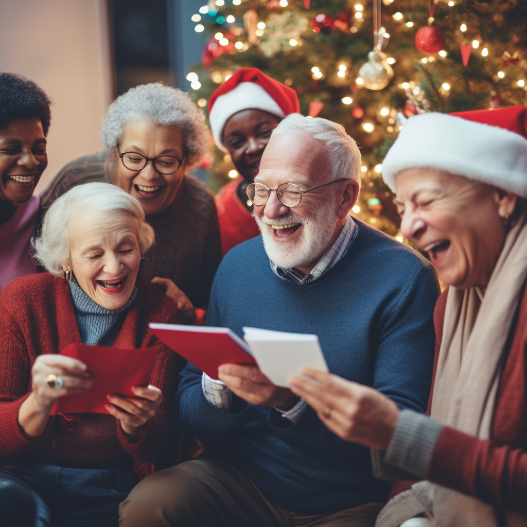 Elderly individuals opening holiday cards and smiling