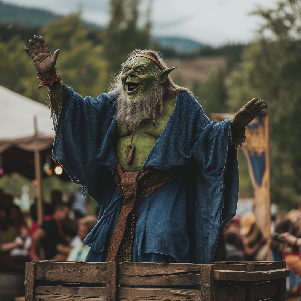 Smiling orc in blue robes at festival