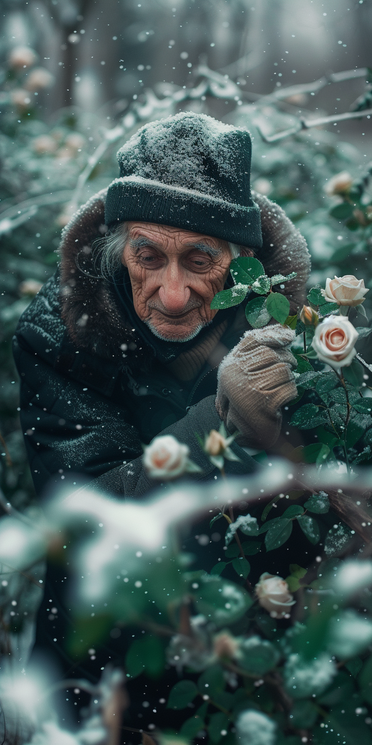 Elderly person growing green roses in garden