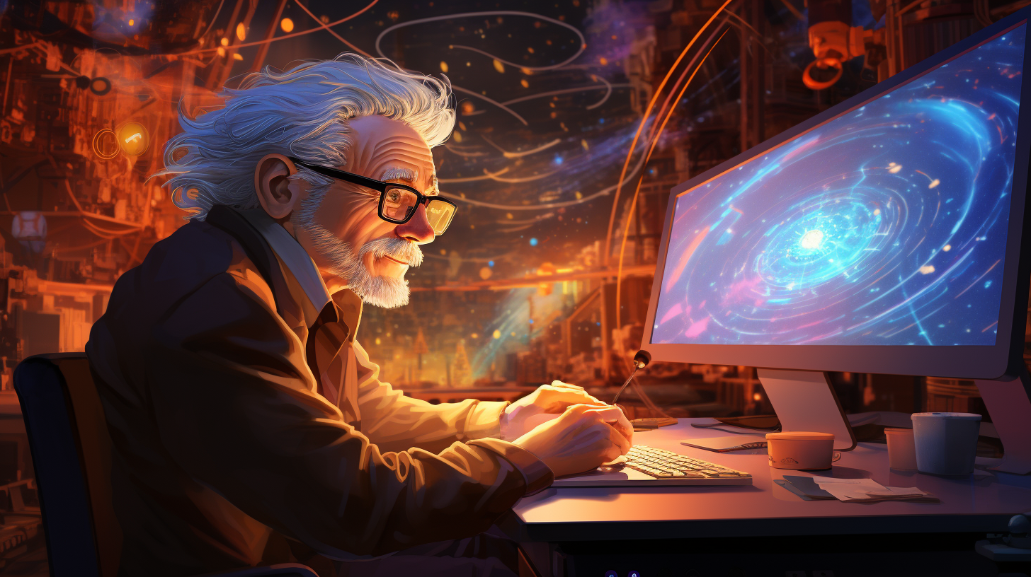 Elderly Physicist Looking at Cosmic Galaxy