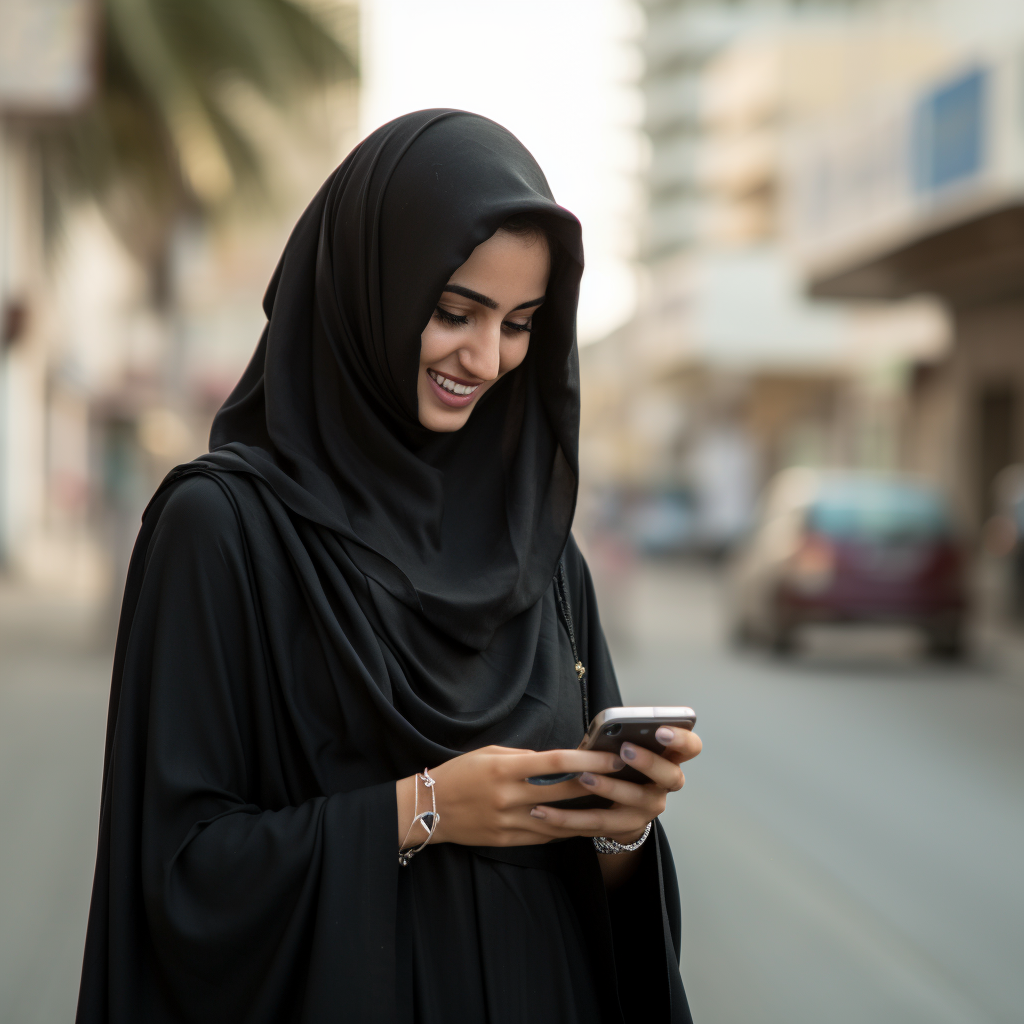 Elderly Saudi woman using iPhone