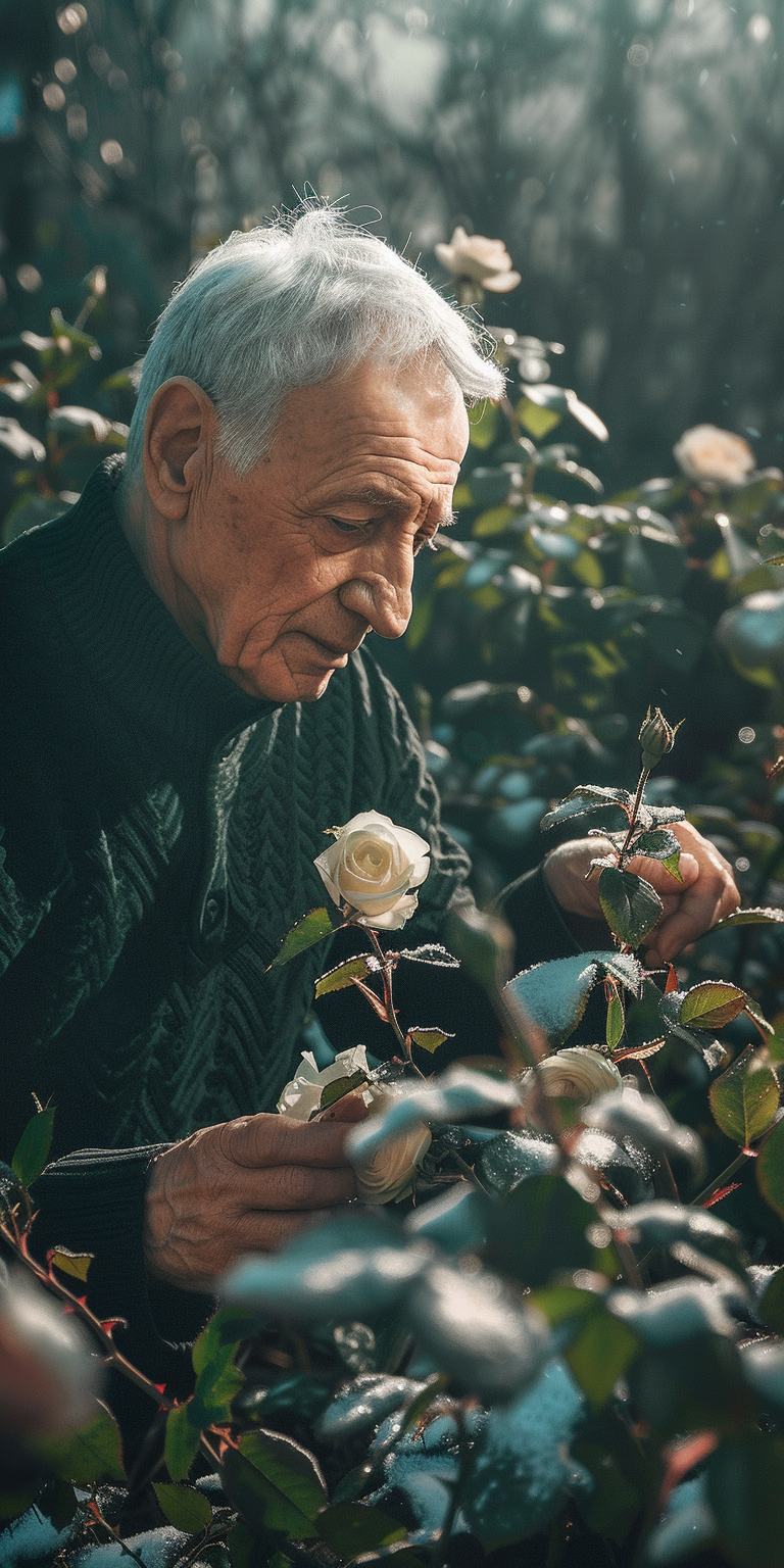 Elderly person growing green roses