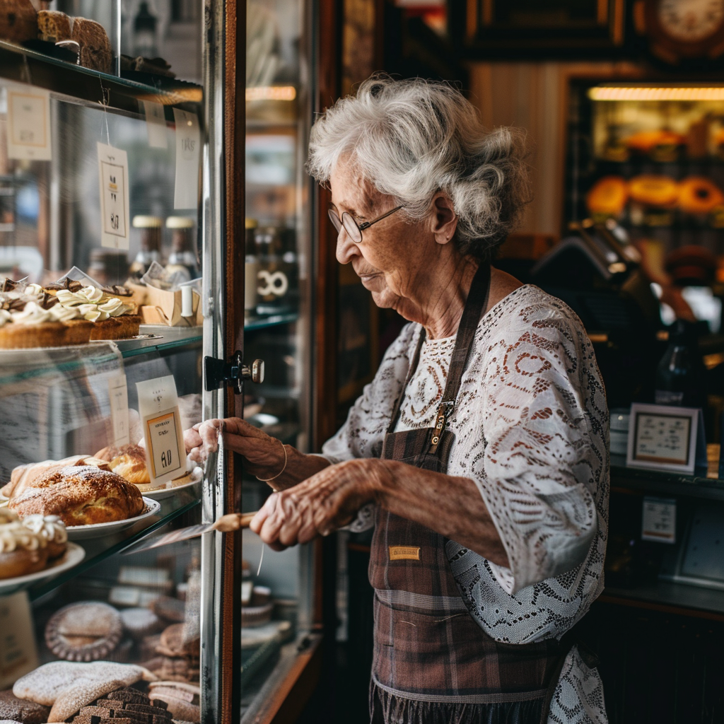 Senior woman ordering baked goods