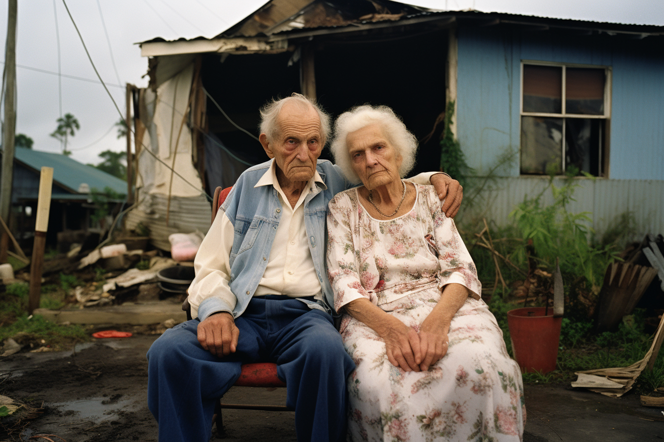 Happy elderly American couple sitting outside their house