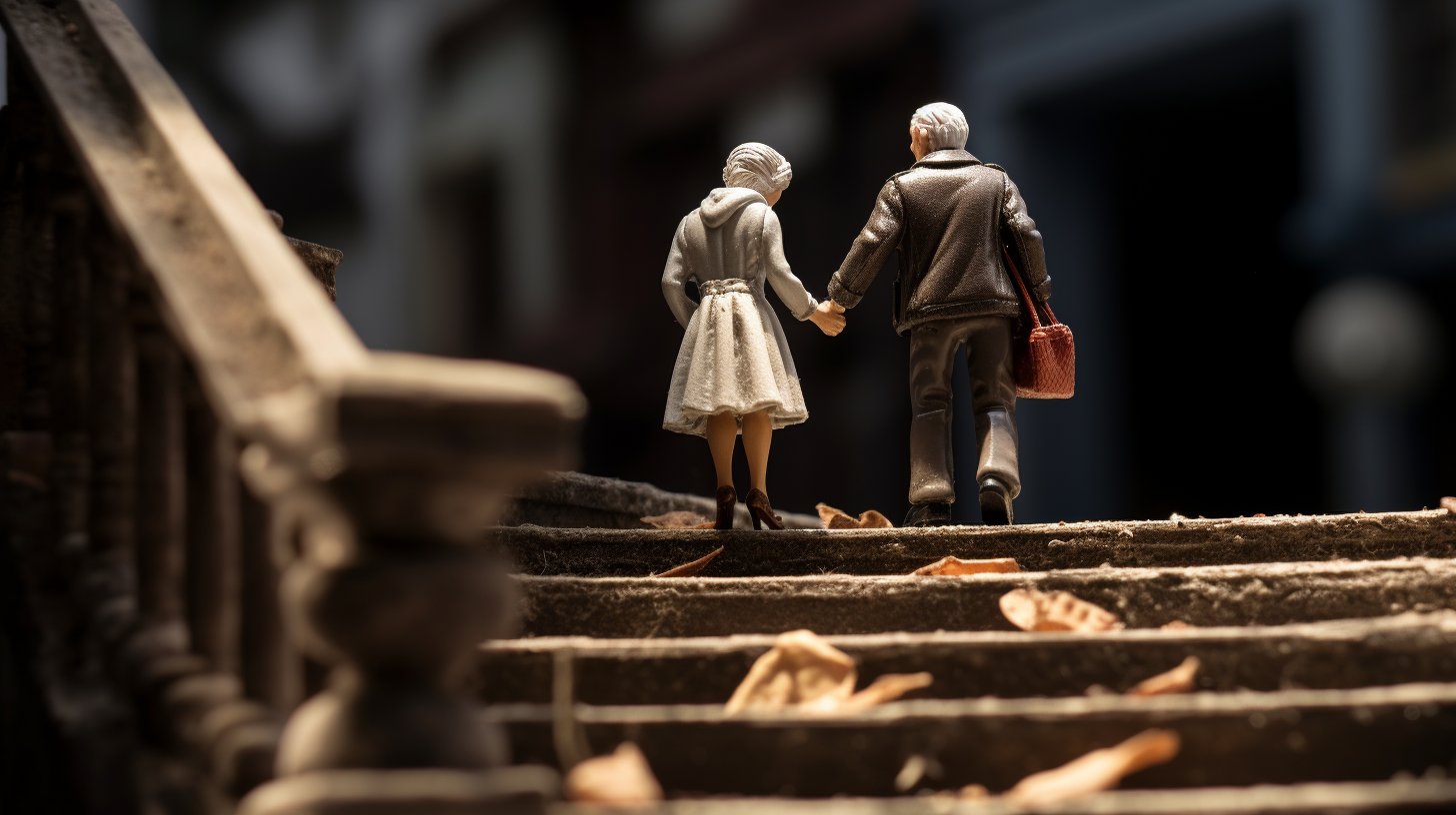 Elderly couple walking hand in hand on coin stairs