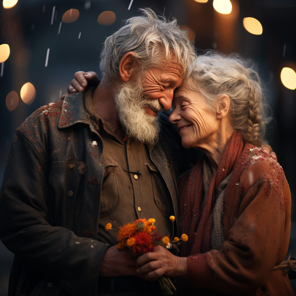 Detailed Emotional Portrait of Elderly Couple in Magical World