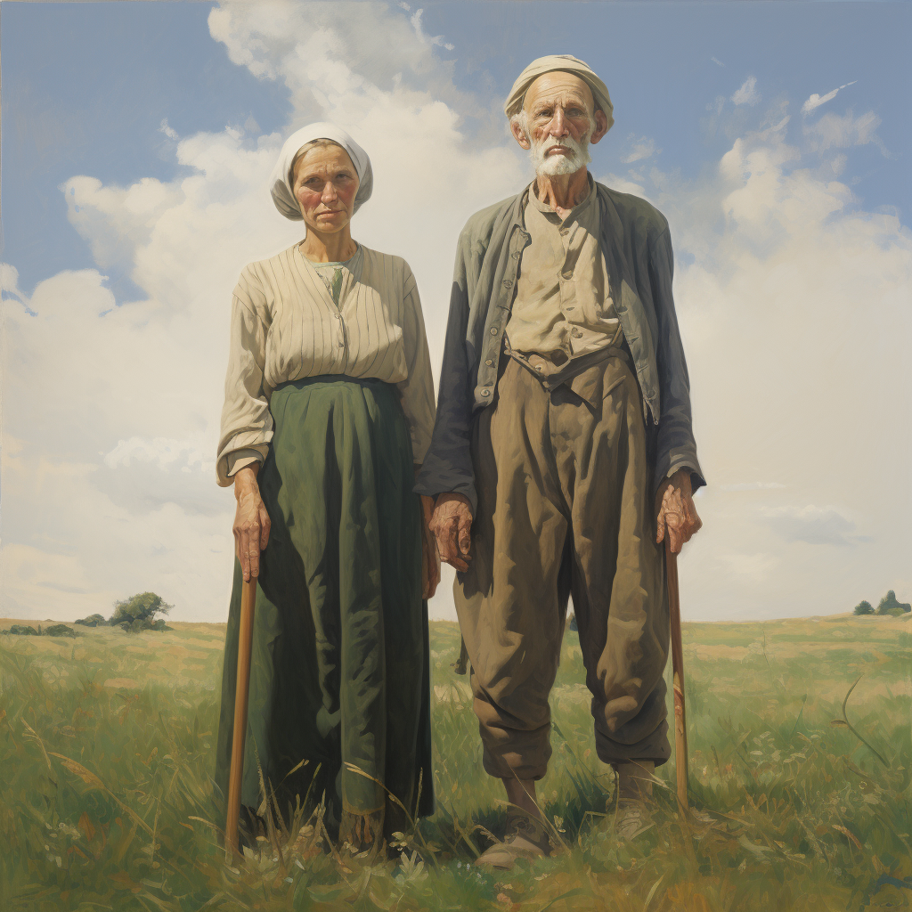 Illustration of elderly English couple in green field