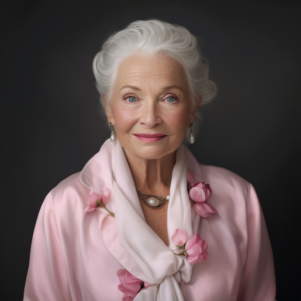 Adorable elderly grandmother with pink skin, light lipstick, and elegant style