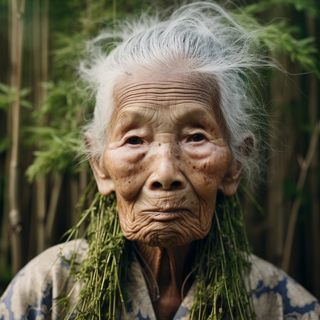 Smiling elderly woman with wild grassy eyebrows