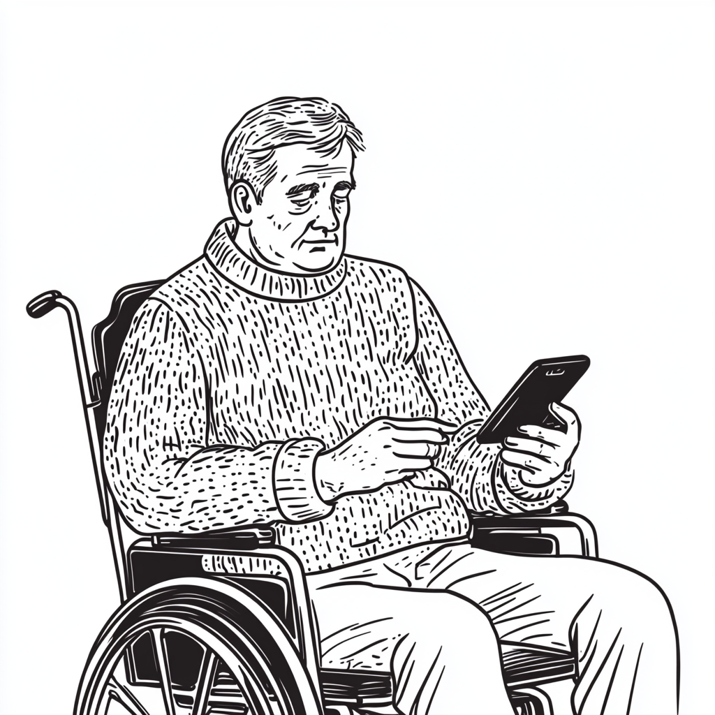 Elderly man wheelchair smartphone yes no