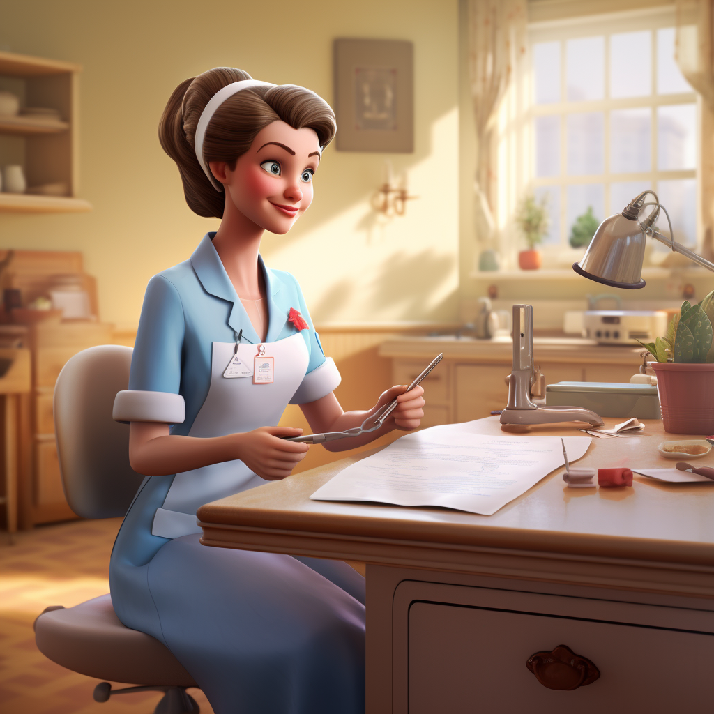 Smiling nurse caring for elderly in Disney Pixar style