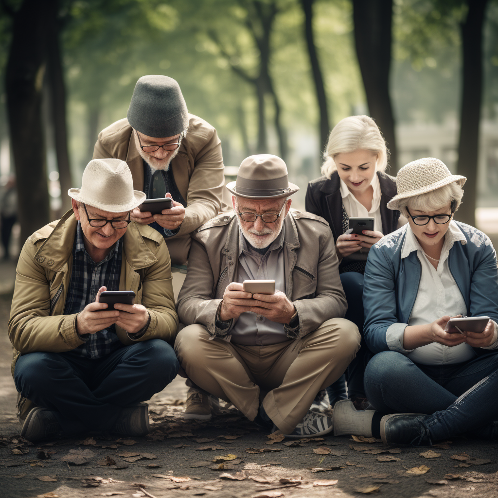 Old people using mobile phones in the park