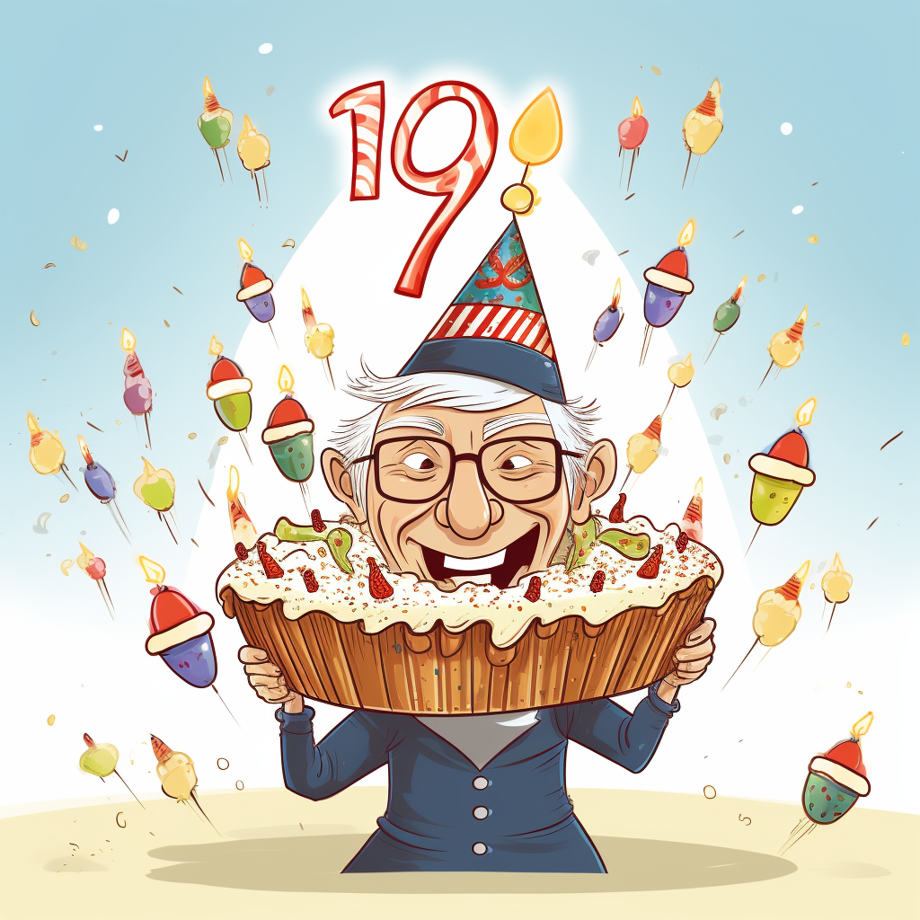 Elderly person with party hat and cake