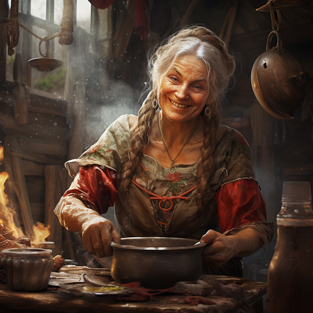 Smiling elderly Viking woman cooking stew