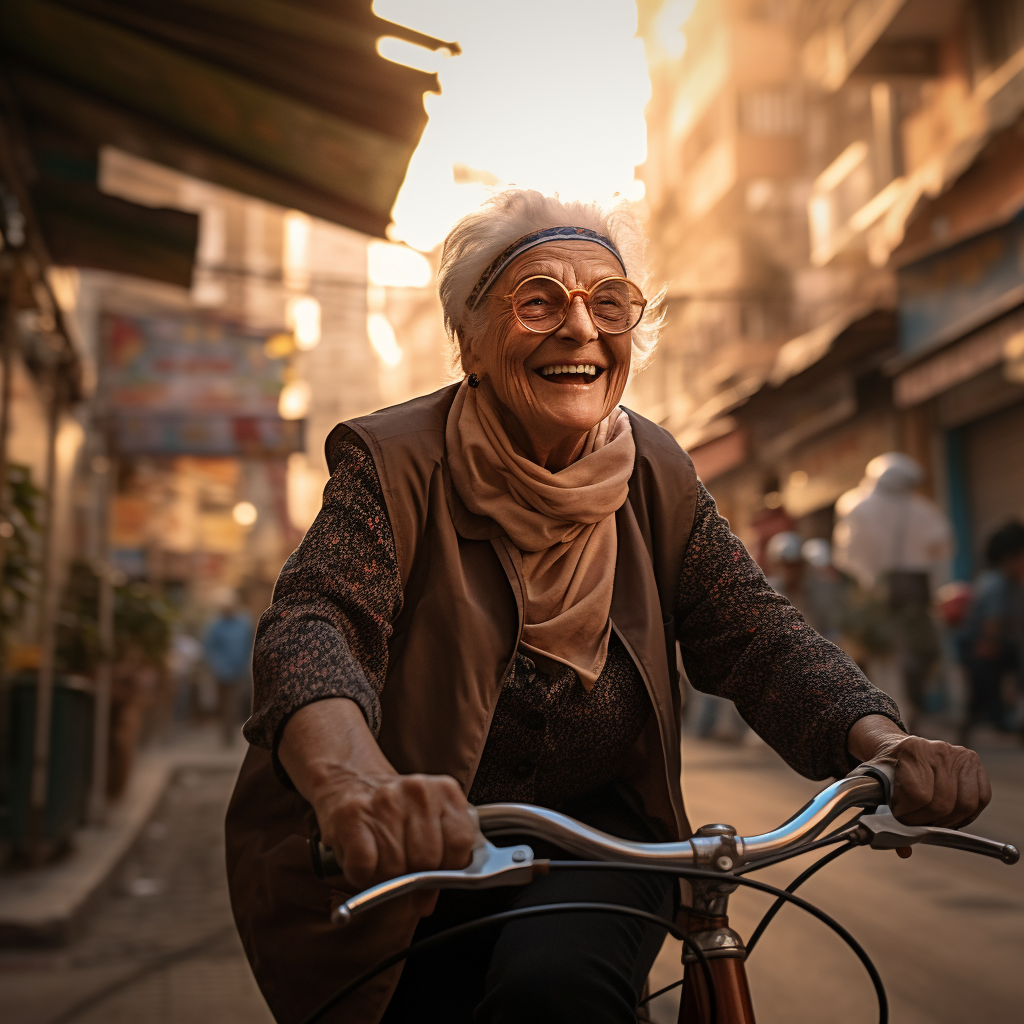 Elderly woman cycling through vibrant city streets